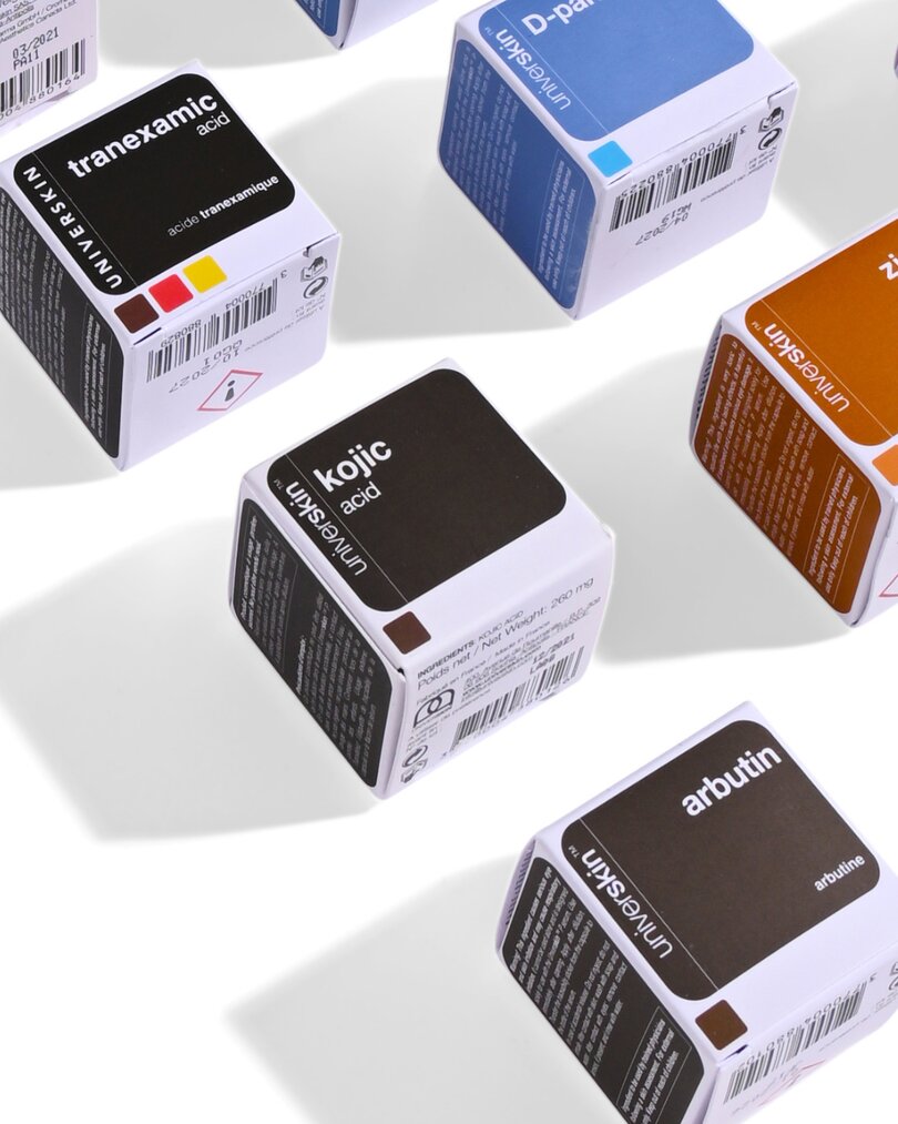 cubic boxes of universkin® pigment actives: tranexamic acid, kojic acid, arbutinin